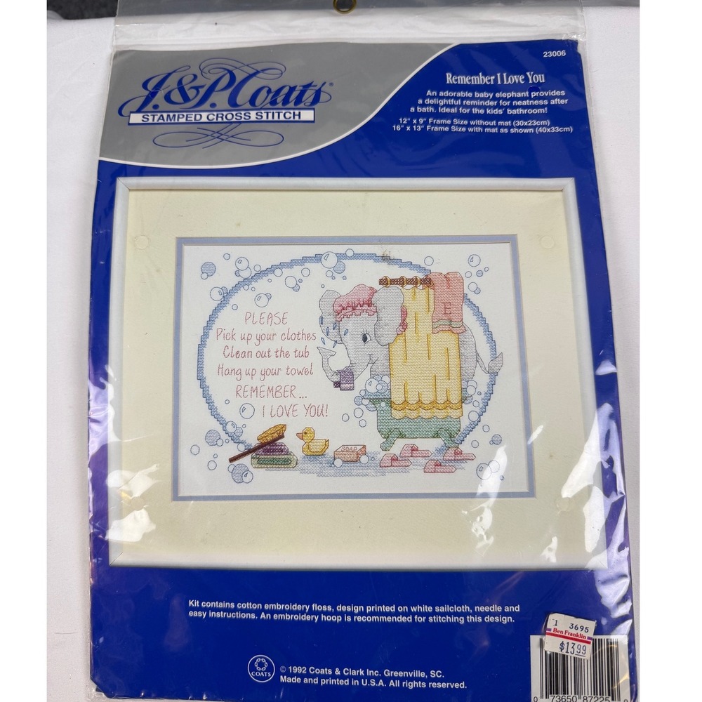 Vintage 1992 J&P Coats Stamped Cross Stitch Kit Elephant Bathroom Kids embroider